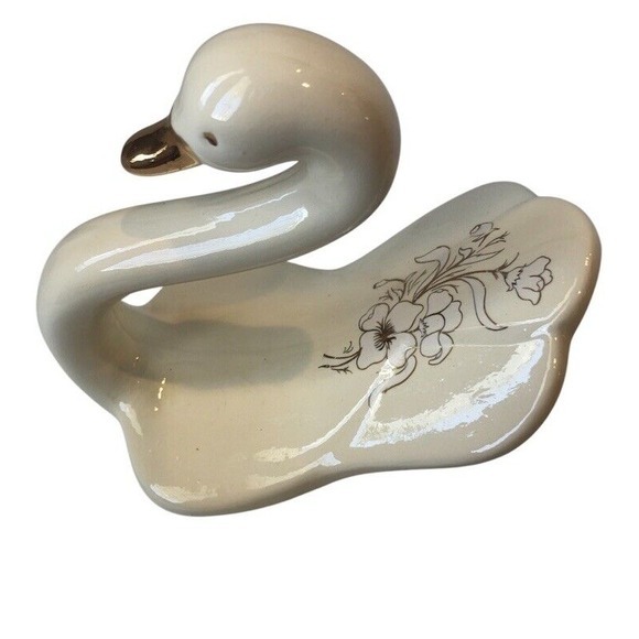 Ceramic Beige Swan With Gold beak‎ Floral Design On Back  No Chips - Picture 2 of 8